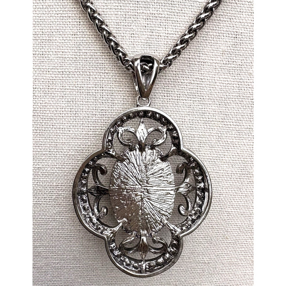 Marcasite Style Faux Moonstone Pendant Necklace Silver Tone Chain 32" - Picture 5 of 7